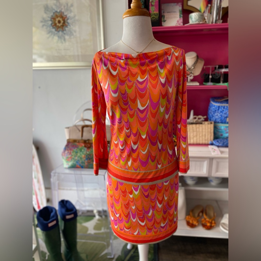 Trina Turk orange print boat neck dress size 2